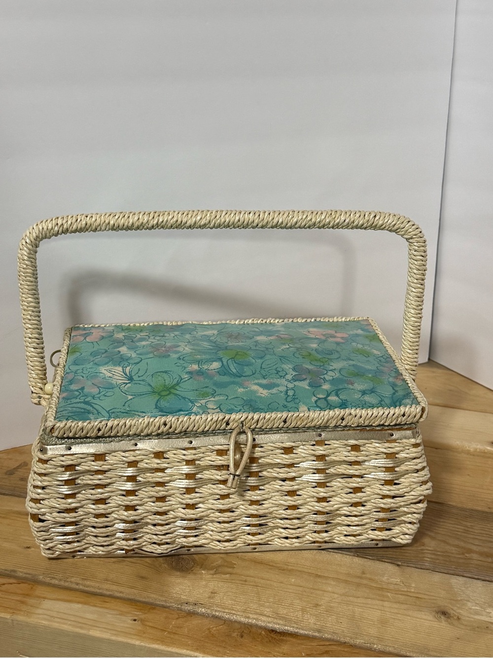 Vintage Dritz Woven Sewing Basket Teal Pink Floral Scovill Mid Century Box